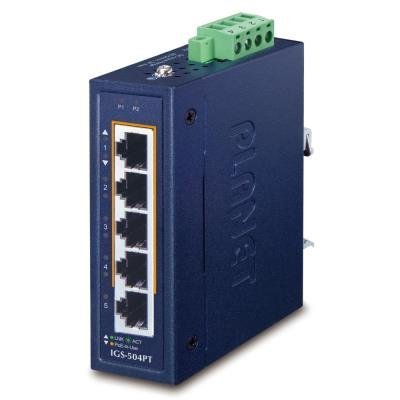 Planet IGS-504PT Průmyslový PoE switch, 5x1Gb, 4x PoE 802.3at 120W, -40až75°C, dual 48-54VDC, IP30, fanless