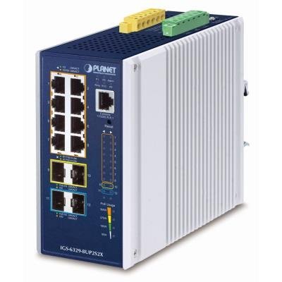 Planet IGS-6329-8UP2S2X průmyslový L3 PoE switch, 8x 1G, 2x 2.5G SFP, 2x 10G SFP+, 802.3bt 360W, -40~75°C, dual 48-54VDC