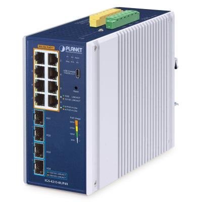 Planet IGS-4215-8UP4X průmyslový L2 switch, 8x1Gb, 4x10Gb SFP+,8x PoE 802.3bt 240W, -40~75°C, dual 48-54VDC,IP30,fanless