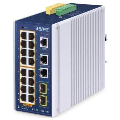 Planet IGS-4215-16P2T2S průmyslový L2 switch, 18x1Gb,2x1Gb SFP,16x PoE 802.3at 240W,-40~75°C, dual 48-54VDC,IP30,fanless