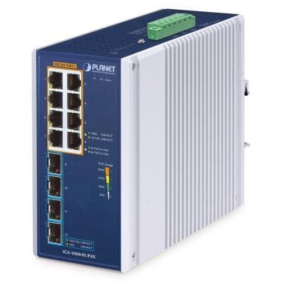 Planet IGS-1000-8UP4X průmyslový L2 switch, 8x1Gb, 4x10Gb SFP+,8x PoE 802.3bt 240W, -40~75°C, dual 48-54VDC,IP30,fanless
