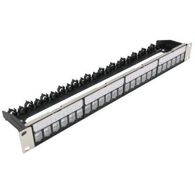 Patch panel 19", 24 portů, neosazený, stíněný, černý, ,CAT5e,6,6A,7, vyvazovák