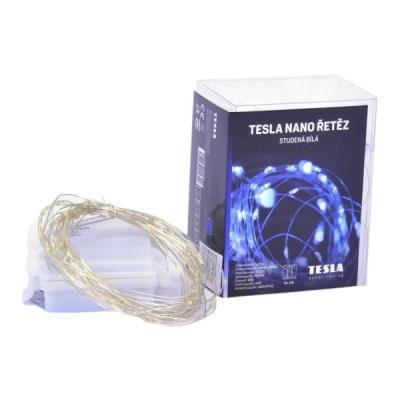 Tesla nano řetěz 50LED/6500K/5m + 30cm kabel/3x AA baterie/časovač/IP44